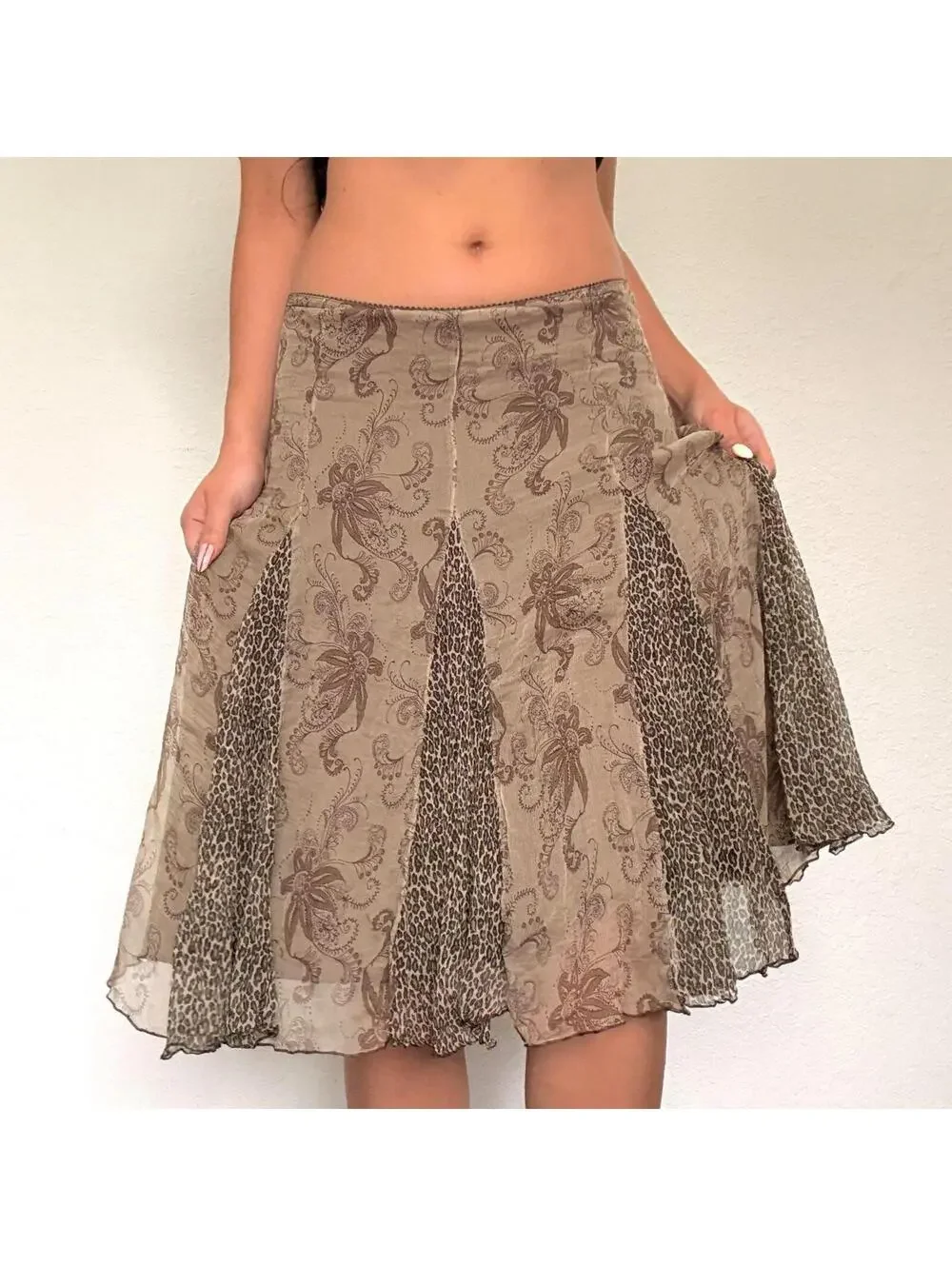 Brown silk midi skirt with floral and leopard mixed prints - Picture 2 of 8